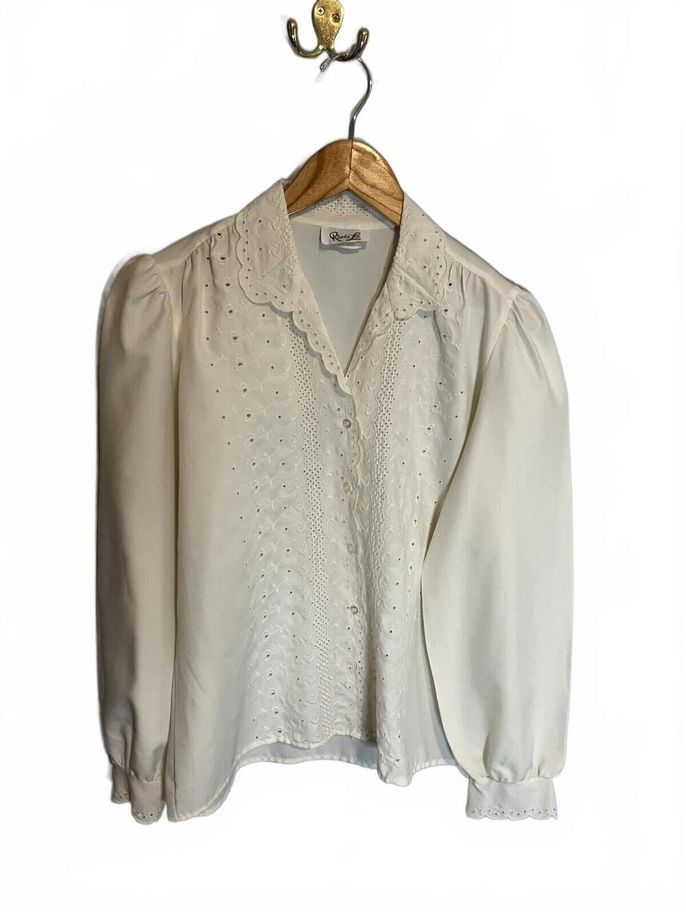 Vintage Scalloped Collar/sleeves Eyelet Ivory Button Down 8 Granny Cottagecore
